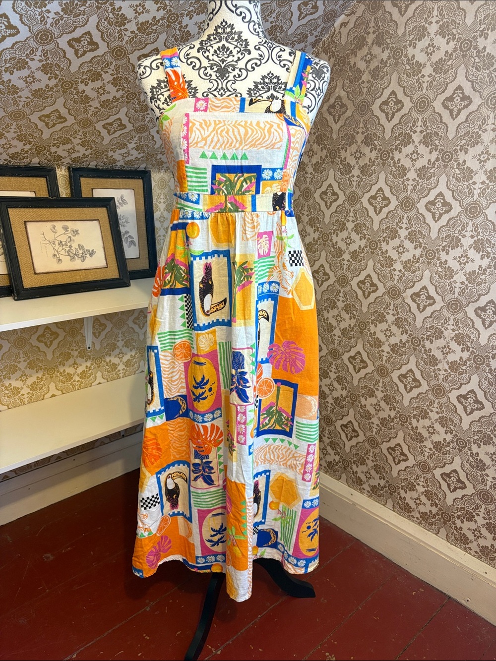 SpigheDiLino Italy Linen Blend Tropical Midi Dress Made in Italy Lagenlook